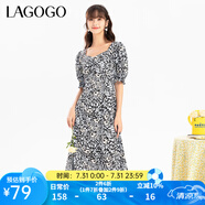 lagogo拉谷谷新款V領(lǐng)夏日多巴胺甜美泡泡袖A字印花雪紡連衣裙女 混色（Y0） S 155/36