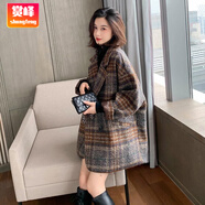 賞峰格子中長款加厚女2025春季新款小香風(fēng)寬松呢子大衣西裝外套女 咖啡色【不加棉】 015# S 70-104斤