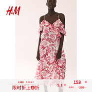 H&M女裝連衣裙夏季荷葉邊露肩設(shè)計梭織中長印花吊帶連身裙1239364 白色/粉色花朵 170/104