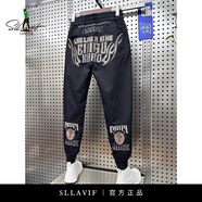 薩拉維夫（Sllavif）歐洲站潮牌個(gè)性刺繡束腳休閑褲男歐貨春夏小腳九分褲松緊腰運(yùn)動(dòng)褲 黑色 38