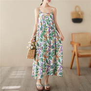 夏季印花小清新棉無(wú)袖大擺長(cháng)裙連衣裙波西米亞無(wú)袖沙灘吊帶裙 綠葉子 M