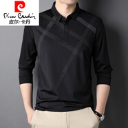 皮爾卡丹（pierre cardin）冰絲男士長(cháng)袖t恤翻領(lǐng)春秋季中年爸爸裝條紋高端無(wú)痕桑蠶.絲polo衫 77128黑色 均碼 16590-110斤