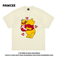 漫曦宛PAWCEE美式覆古國潮卡通小熊維尼短袖T恤男女同款寬松百搭情侶上 3XL(180-210斤)杏色 (280克重磅) 3XL
