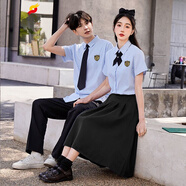 桔子悅初高中大學(xué)生短袖藍襯衫長(cháng)裙夏季畢業(yè)班服合唱表演出成人禮服套裝 女生三件套藍色襯衫+泰式大領(lǐng)結+ XS