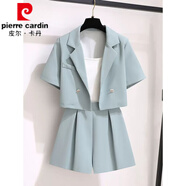 皮爾卡丹小香風(fēng)西裝外套女2025夏季新款小個子氣質(zhì)御姐短袖短褲職業(yè)兩件套 藍(lán)色【兩件套】 S (建議80-95斤)