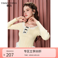 糖力商場(chǎng)同款秋新款純欲風(fēng)蕾絲邊針織衫女套頭顯瘦打底衫上衣 淺黃色 常規(guī) S