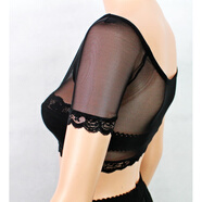 歡呼聲 SH秋天女式低領(lǐng)蕾絲打底衫新半截低V領(lǐng)阿香透明網(wǎng)紗衫露臍短袖T恤 黑色網(wǎng)紗短袖 M