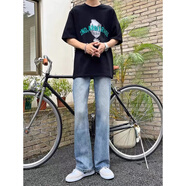 至濤純黑色柳葉微喇彎刀牛仔褲男生夏季美式vibe褲子cleanfit直筒長(cháng)褲 艷淺藍 XL