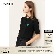 AMII2025年夏新款POLO領(lǐng)公主袖法式刺繡針織衫桃心繡花上衣女 黑色 160/84A/M