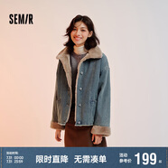 森馬（Semir）牛仔棉服女拼接毛領(lǐng)美式復(fù)古2024冬寬松毛邊夾克街頭109724108017