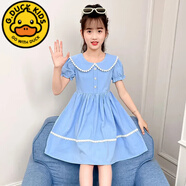 G.DUCKKIDS女童學院風連衣裙夏季2024新款洋氣5-15女孩薄款兒童夏裝短袖裙子 藍色 甜美連衣裙 140 cm身高131-140cm8-9歲