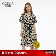 歌莉婭V領(lǐng)連衣裙女2025新款夏季出游穿搭泡泡袖碎花裙子1E5R4K2G0 1DD黑金手繪橘子花 XL