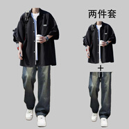 摘星少年貼標(biāo)冰絲短袖襯衫套裝男一套搭配夏季寬松涼感休閑襯衣工裝外套 黑色襯衫+藍(lán)色牛仔褲 XL