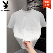花花公子（PLAYBOY）2025夏季時尚國風刺繡設計短袖T恤男裝圓領休閑百搭半袖外穿上衣 旗艦官方精品】白色 XL 【建議120-135斤】