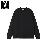 花花公子（PLAYBOY）400G重磅純棉長袖T恤男女美式圓領(lǐng)衛(wèi)衣寬松秋冬小領(lǐng)口純色打底衫 黑色【400g重磅螺紋袖口】 (美式 XL 建議150-170斤