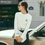 Olrain歐芮兒米白色長(cháng)袖T恤女春季新款寬松百搭熊貓刺繡上衣 米白色（第二批次） S