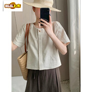 初徑法式風(fēng)格穿搭棉麻短袖襯衫女夏季新款設計感小眾圓領(lǐng)別致苧麻 燕麥色上衣 關(guān)注店鋪贈送優(yōu)惠券 S 80-95斤
