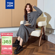唐獅（TonLion）2024女翻領(lǐng)長(zhǎng)袖連衣裙長(zhǎng)裙 深灰 S 