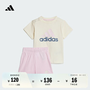 adidas男女嬰童休閑簡(jiǎn)約舒適短袖套裝夏季阿迪達(dá)斯官方輕運(yùn)動(dòng)   象牙白/清澈粉   104