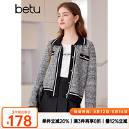 百圖betu女裝春季新款小香風(fēng)撞色短款翻領(lǐng)長(cháng)袖毛衣外套女2401T75 黑色 M