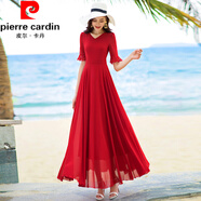 皮爾卡丹（pierre cardin）連衣裙女裝度假純色五分袖新款長裙過膝沙灘裙大碼夏季V領大擺裙 大紅 2XL 【建議120-130斤