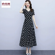 俞兆林2025法式黑白波點(diǎn)連衣裙女夏雪紡感氣質(zhì)大碼胖MM大擺圓點(diǎn)長(cháng)裙 黑色 2XL 【建議125-135斤】