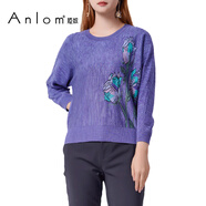 婭奴（A n l o m）Anlom/婭奴秋季新款修身桑蠶絲針織衫女上衣套衫印花休閑長袖圓領(lǐng) 并紫色 95/L 均碼