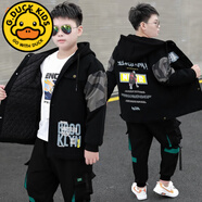 G.DUCKKIDS高端潮流胖童裝男童薄棉衣秋冬款中大童外套加肥加大胖孩子8-16歲 黑色(袖子迷彩夾棉外套) 150 (穿70-90斤)