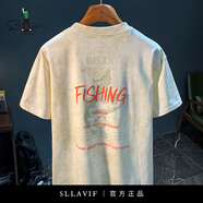 薩拉維夫（Sllavif）美式寬松短袖T恤男重磅潮流印花夏季上衣體恤休閑落肩半袖男衣服 杏色 L 適合120-140斤穿