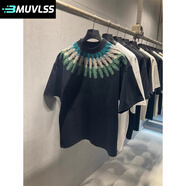 Bmuvlss國際輕奢2025夏季新款美式重磅羽毛重工刺繡圓領(lǐng)短袖T恤男女同款 黑色 M 建議90-110斤