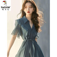 啄木鳥(niǎo)藍色雪紡襯衫連衣裙女2025年夏裝法式高端精致荷葉邊收腰顯瘦裙子 圖片色 XL 【建議115-125斤】