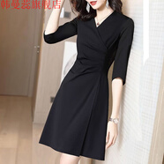 韓曼蕊黑色連衣裙女2025新款夏季氣質(zhì)V領(lǐng)小個(gè)子顯瘦修身小黑裙 黑色【七分袖】 L 103-113斤