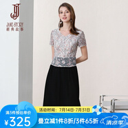 經(jīng)典故事（JANE STORY）經(jīng)典故事2025夏季新款V領(lǐng)拼按蕾絲裙修身通勤顯瘦短袖雪紡連衣裙 粉黑色A73 M