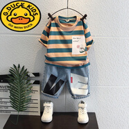 G.DUCKKIDS童裝夏裝短袖套裝2024新款洋氣男孩寶寶衣服潮童裝時髦帥氣兩件套 卡其色【套裝】 100 (參考年齡3-4歲)(參考年齡3