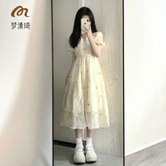 夢清琦夏季女連衣裙外穿時尚新款氣質夏季裙子寬松大碼中長款碎花連衣裙 杏色連衣裙【刺繡】 XL 【建議125-140斤】