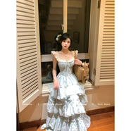云薔Tomoyois知世 櫻織花翎 精致甜美小飛袖溫柔碎花收腰公主連衣長裙 Baby藍(lán) M