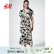 H&M女裝花卉連衣裙秋季通勤氣質(zhì)腰部系帶襯衫式短袖連身裙1233620 奶油色/圖案 160/88 S