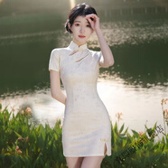 真即新中式旗袍短款2025年新款短袖年輕款小個(gè)子少女開(kāi)叉顯瘦連衣裙子 杏色 雙開(kāi)口 128 M 建議90-105斤