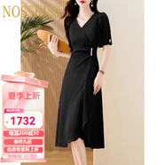 NOSSKISS奢侈高檔品牌短袖連衣裙女2025年夏季新款收腰氣質(zhì)顯瘦高級(jí)雪紡裙 黑色 L 【建議105-115斤】