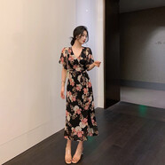 冉藝嵐同款林關(guān)關(guān)法式獨(dú)特漂亮掐腰裙女夏v領(lǐng)雪紡印花連衣裙超好看度假 花色 S