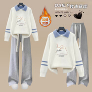 VZVG初中學生秋冬衣服女12少女大童寬松毛衣搭配加絨褲子休閑兩件套裝 白色毛衣+灰色加絨褲【套裝】 S 【建議70-90斤】