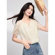 熙世界喜飛飛袖天絲雪紡襯衫2025夏季新光中國風(fēng)蝴蝶紗盤(pán)繡花上衣 奶油杏 S