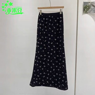 乖米豆韓系白色夏季度假蝴蝶結(jié)印花蕾絲高腰碎花魚尾半身裙長裙顯瘦裙子 黑色長裙 M 建議80-110斤