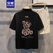 羅蒙（ROMON）潮流痞帥抽象小熊印花翻領(lǐng)POLO男士復古透氣珠地棉t恤衫短袖上衣 黑色 L 120-130斤