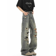 試衣間美式高街破洞牛仔褲男夏季直筒顯瘦微喇乞丐cleanfit長(cháng)褲子 復古藍 2XL