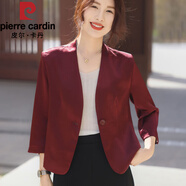 皮爾卡丹（pierre cardin）配旗袍裙子小西裝上衣外搭女短款春秋款時尚醋酸七分袖西服外套女 酒紅色醋酸絲光緞面外套 XL 120-130斤