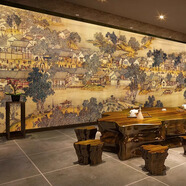 接運貓書房清明上河圖墻紙酒店新中式古典餐廳壁紙客廳沙發(fā)電視背景墻布 AI打印浮雕材質(zhì)（高端啞光浮雕質(zhì) 墻紙+專用膠水
