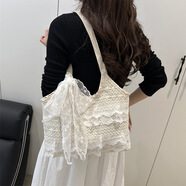 小野七天2025夏季休閑度假仙氣蕾絲網(wǎng)紗托特包腋下單肩挎包大容量通勤女包 單面蕾絲花邊【配絲帶】