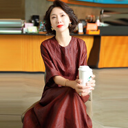 迪芬.璐嘉2025年夏季新款媽媽紅云紗桑蠶絲連衣裙女杭州絲綢香云紗真絲裙子 紅棕 L 適合85-110斤左右