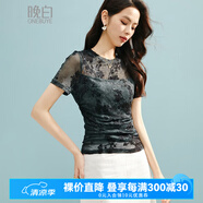 晚白2025年夏款時(shí)尚簡約氣質(zhì)洋氣短袖休閑印花高彈修身減齡透視T恤女 藍(lán)綠色 M